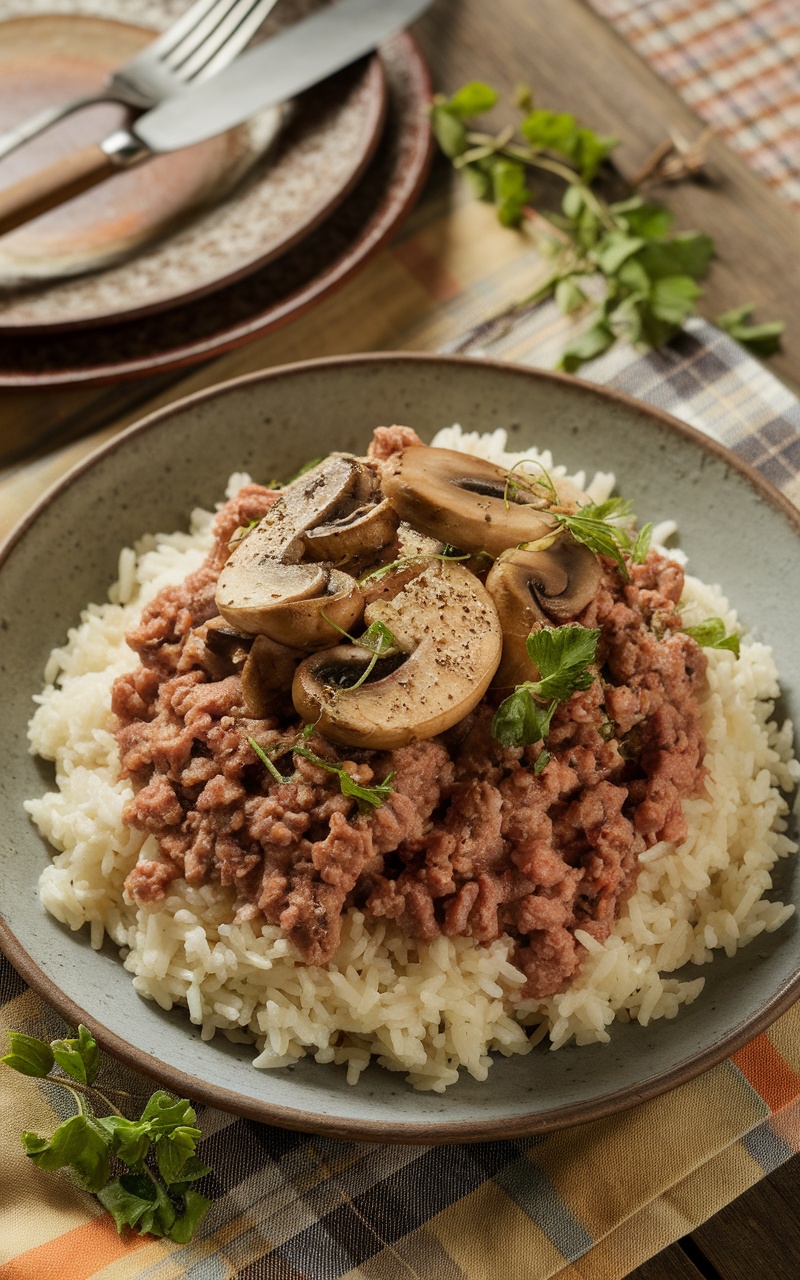 Minced meat and mushrooms served over rice, garnished with herbs on a rustic table.
